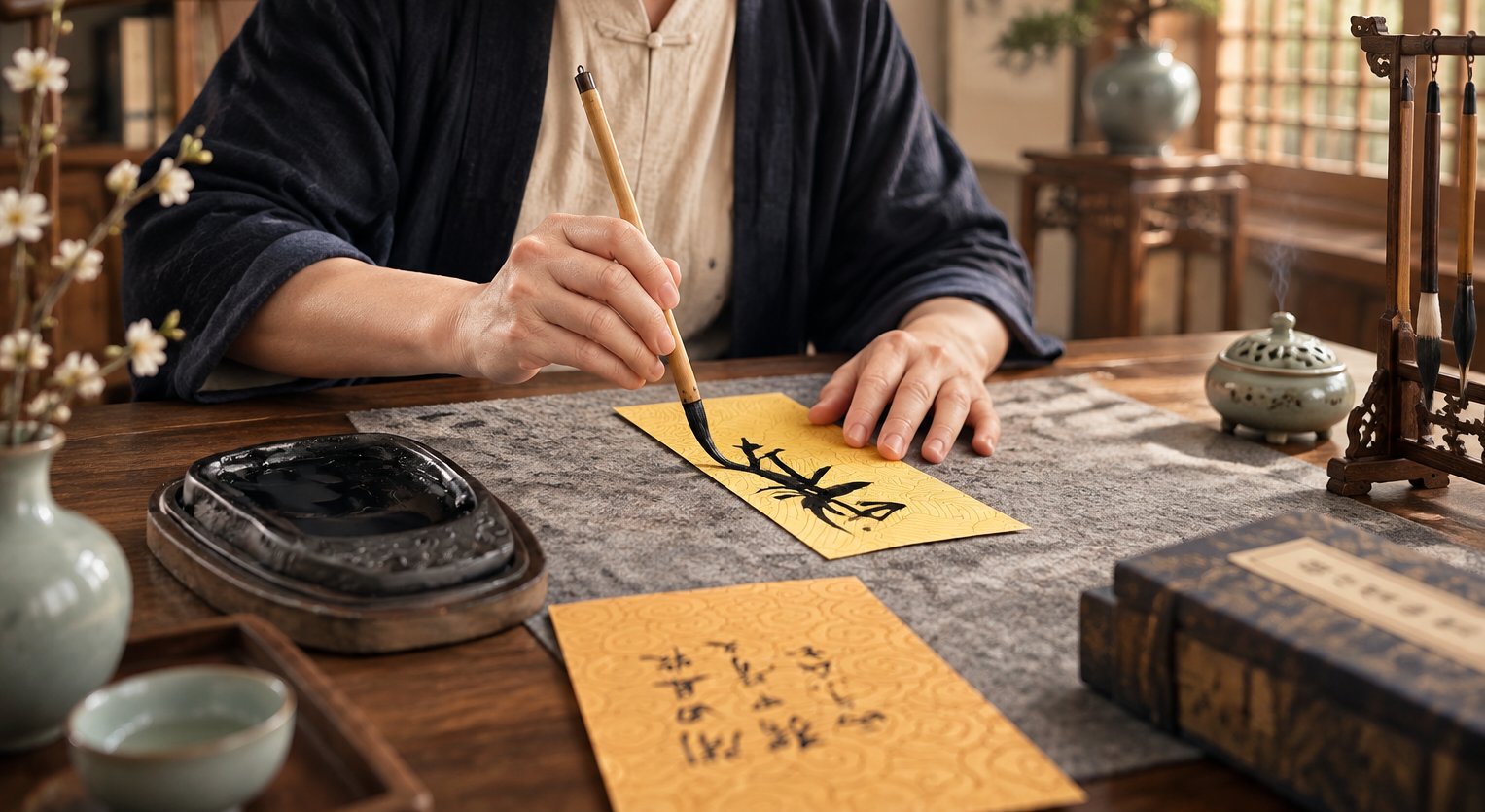 书写现场实拍：手执毛笔在洒金笺上落墨，案上有砚台、香炉、青瓷瓶与笔架，暖光下的书写一角