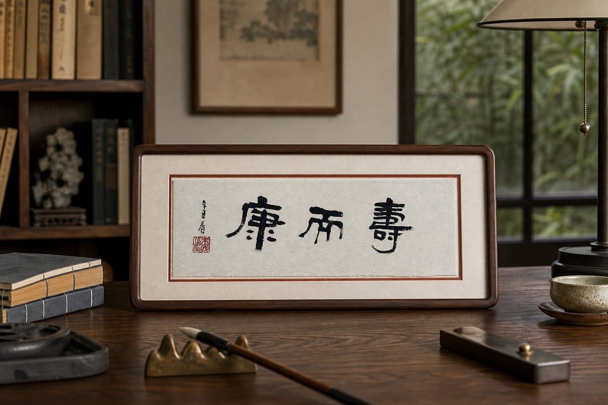 书房案头的「康而寿」书法横幅,旁有台灯与书卷