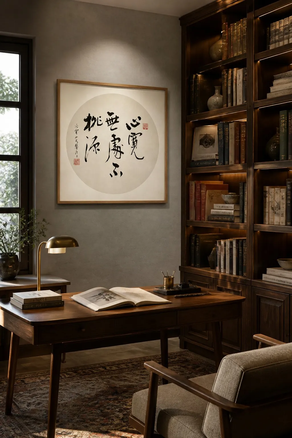 书房中的圆形书法作品与书架