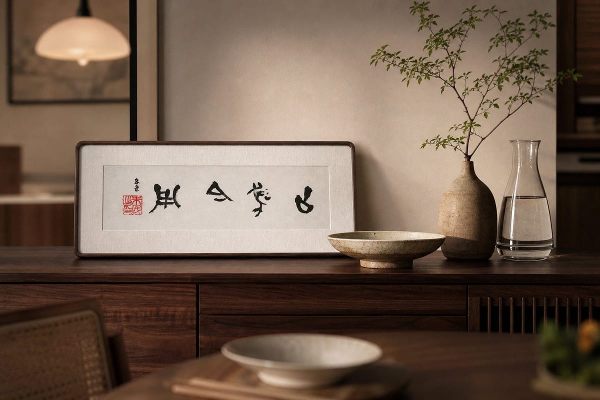 餐边柜上的「古为今用」古文字书法横幅，旁有陶瓶与绿枝