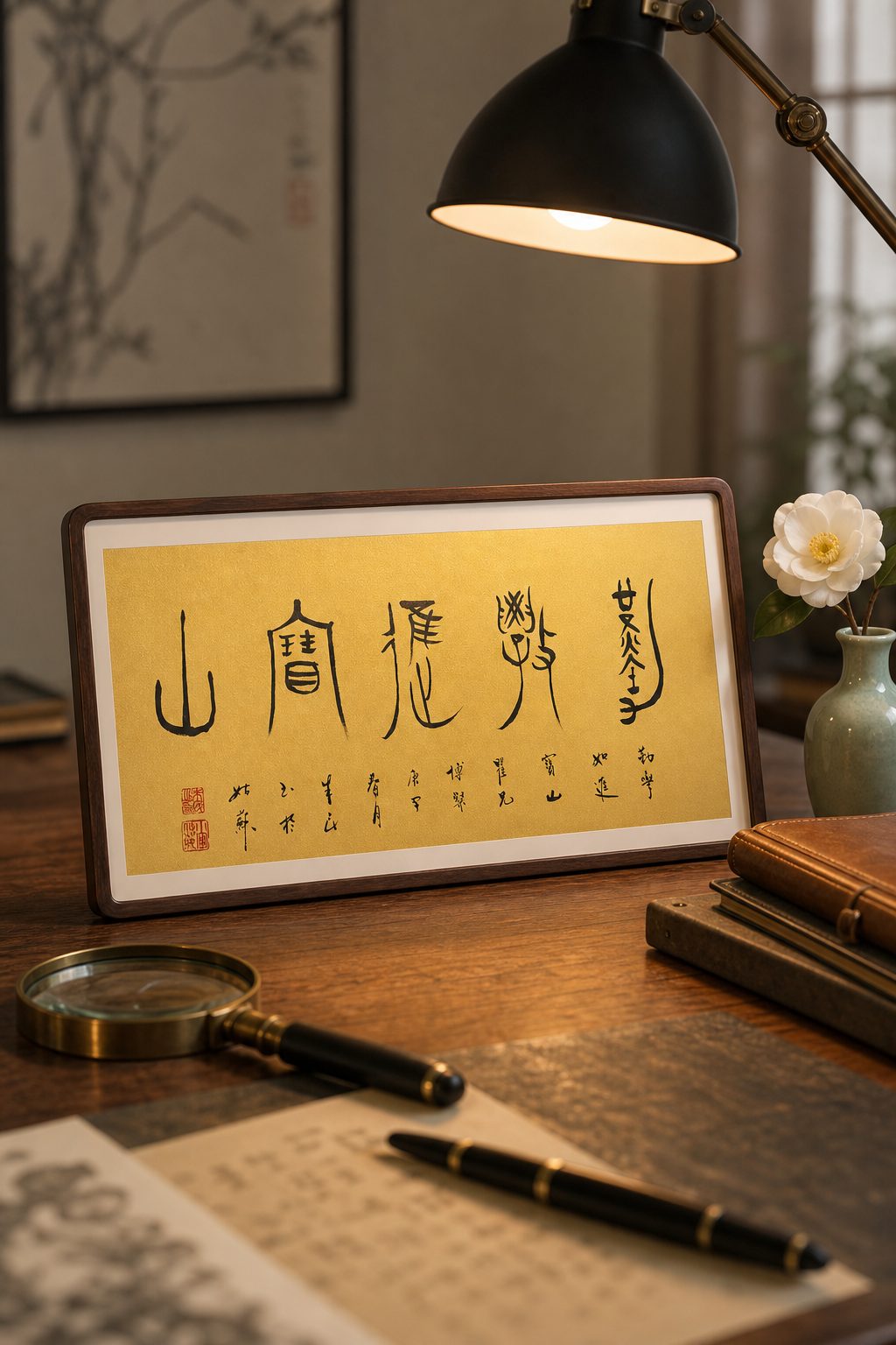 鸟虫篆书法《福如东海·寿比南山》黄纸小品摆在书桌台灯下，旁有毛笔与放大镜