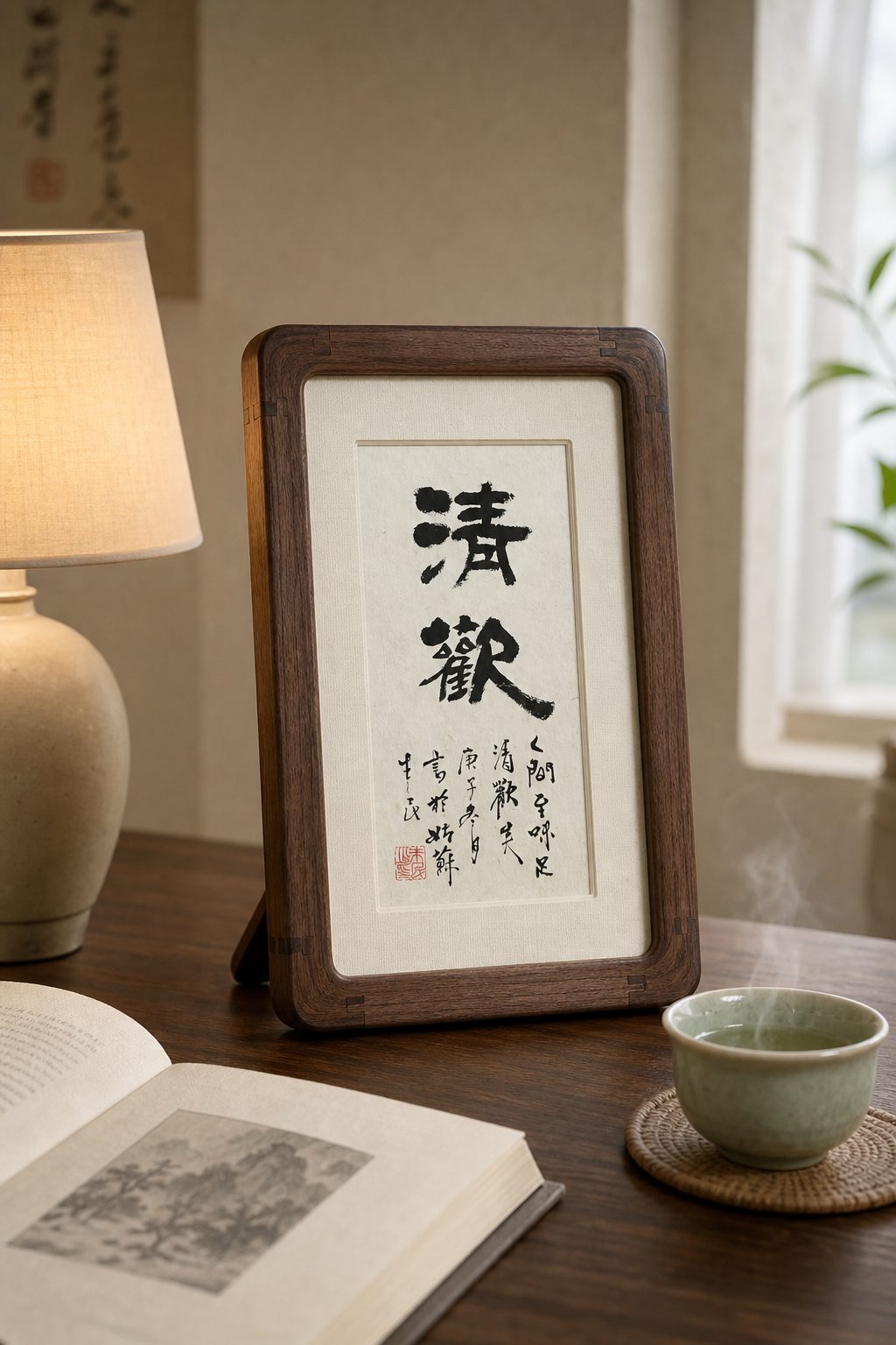 木框书法小品《清欢》立在案头，旁边是台灯、书页与一杯茶