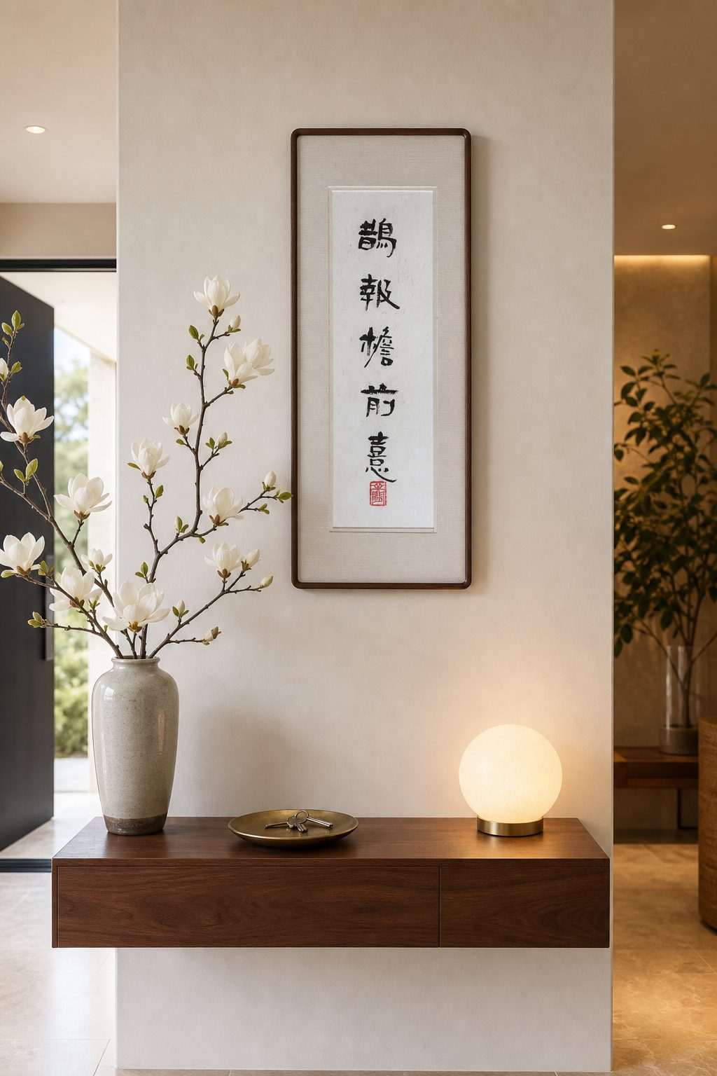 书法立轴《鹊报檐前喜》挂在玄关，玉兰枝与球形壁灯相伴