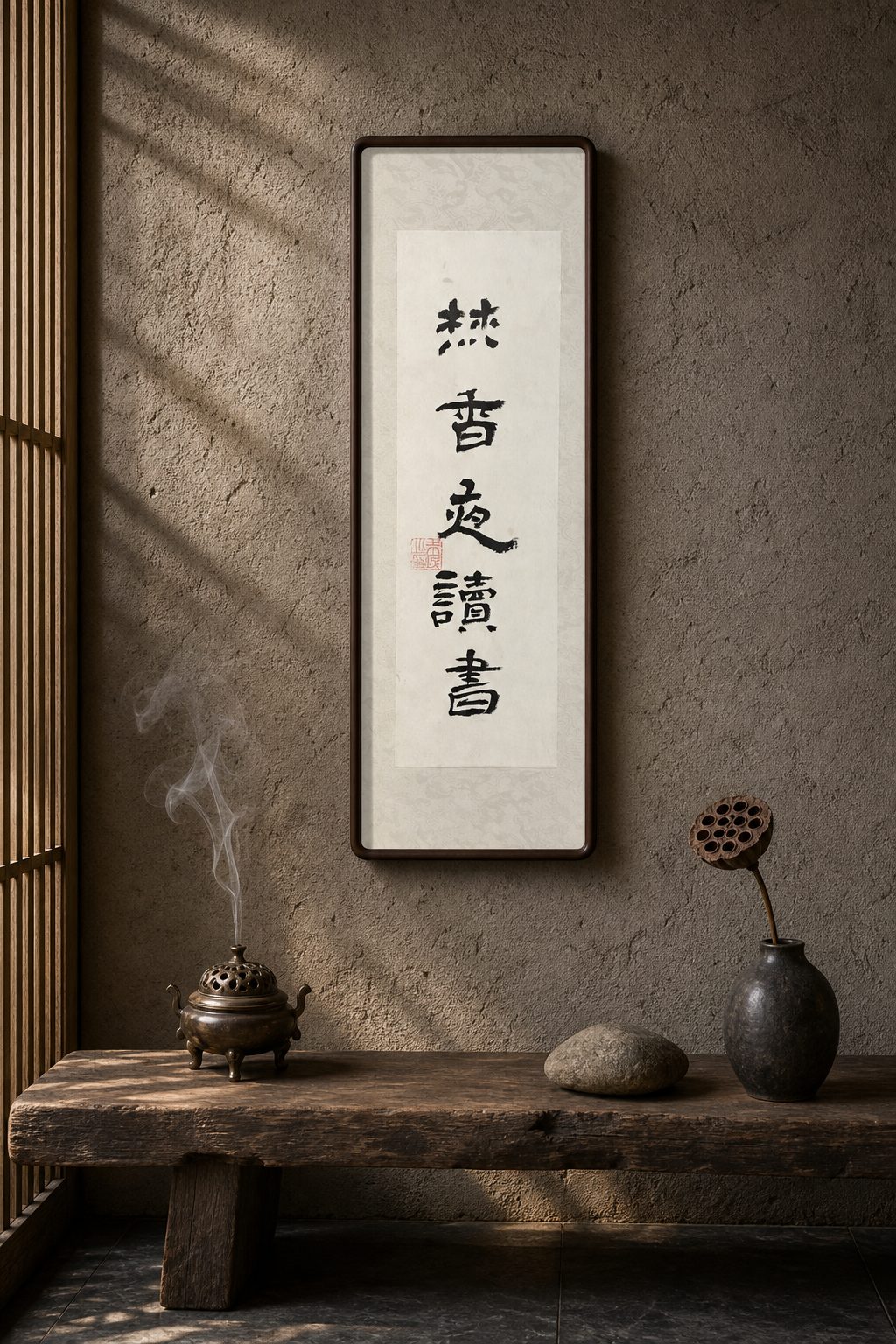 书法立轴《燃香夜读书》挂在灰墙长案上方，香炉青烟与瓶花相伴