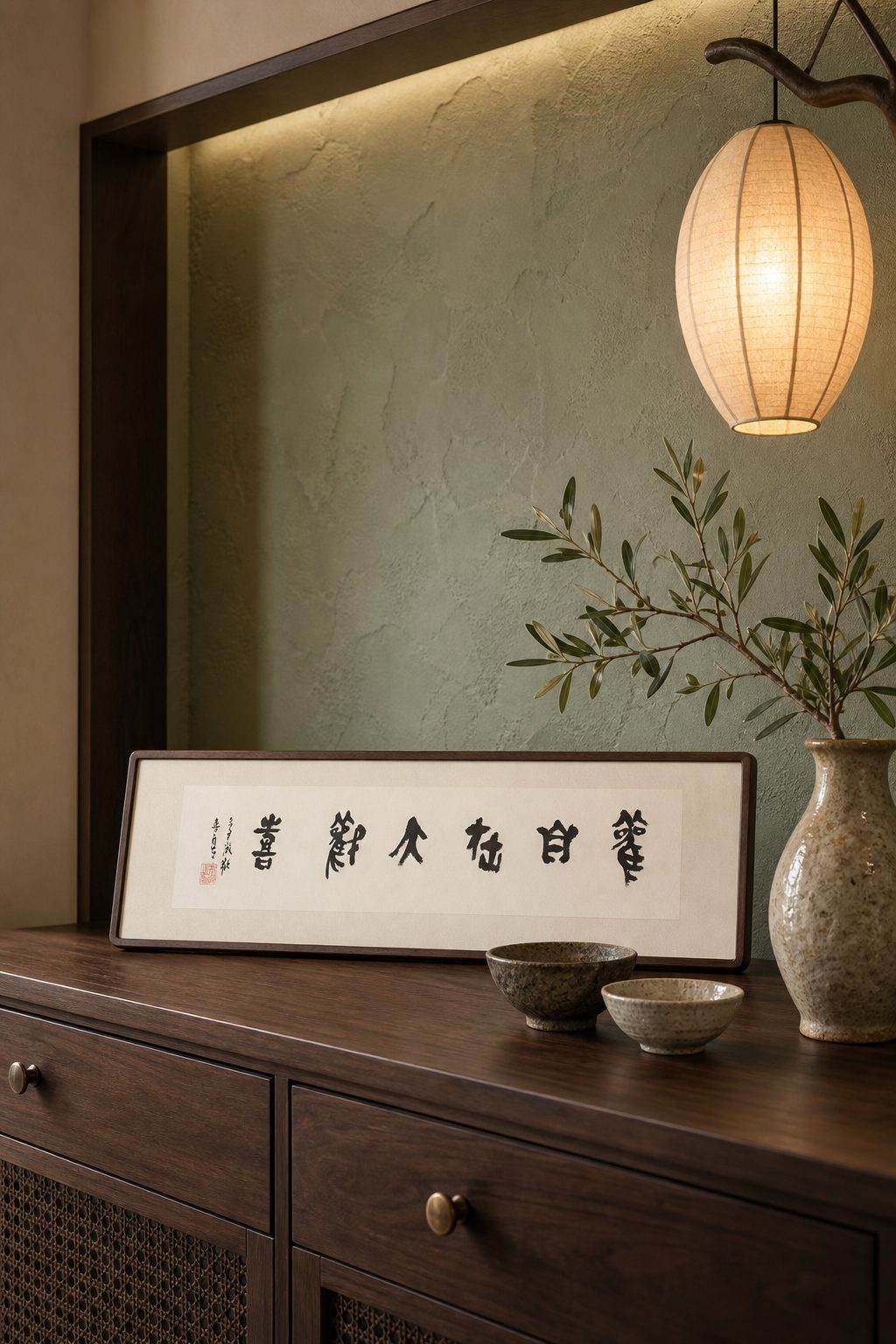 书法小品《日有喜·宜酒食》挂在木质边柜上，与陶罐绿枝和灯笼相映