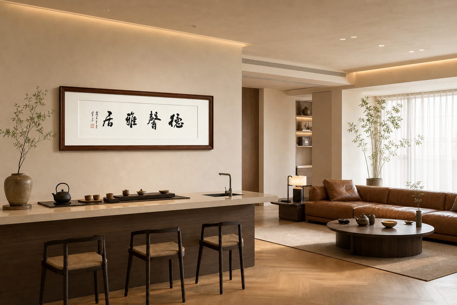 书法横批《万事随缘》挂在开放式厨房与客厅之间