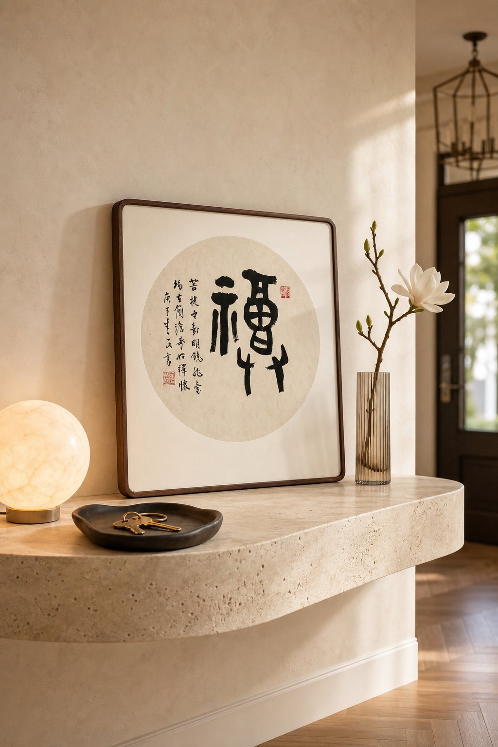 圆光书法小品《禅》立在玄关石面上,旁有玉兰花枝与暖灯