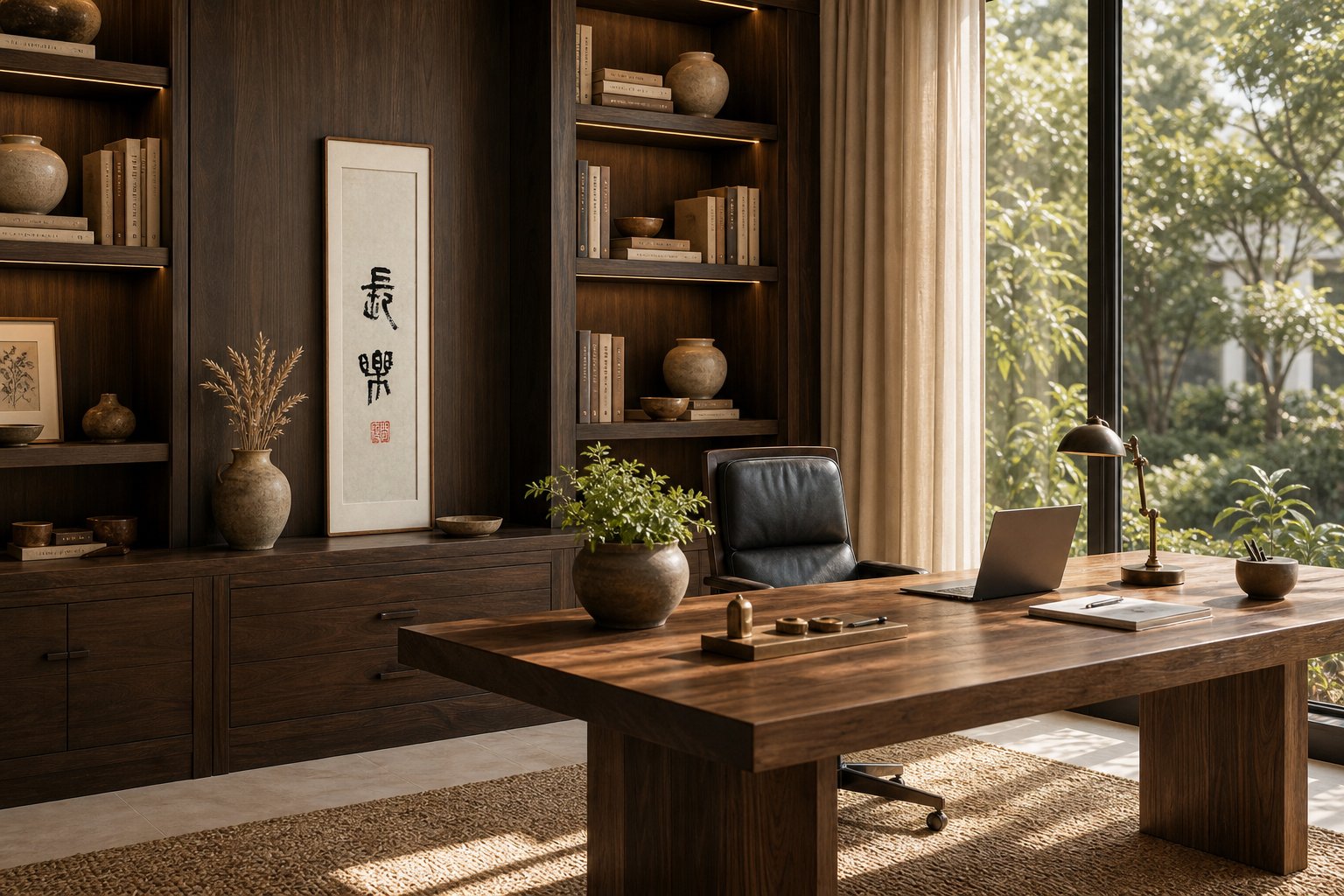 书法立轴《长乐》挂在深木色书房书架间,案上有绿植、笔砚与台灯