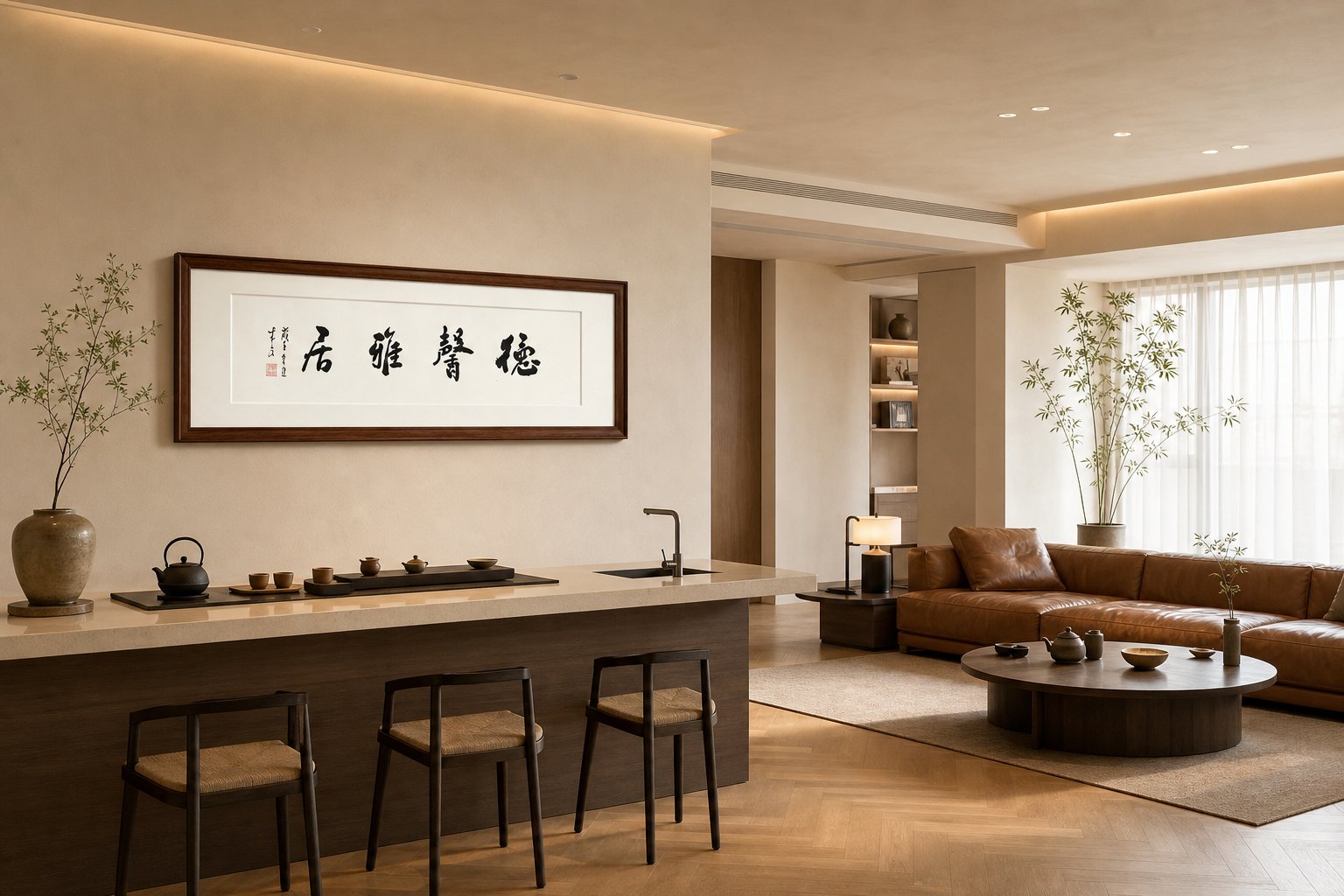 书法横批《德馨雅居》挂在客厅大墙上,下方是茶台、皮沙发与圆几