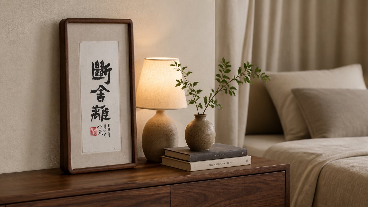 书法小品《断舍离》立在卧室柜上,旁有台灯、书册与瓶枝
