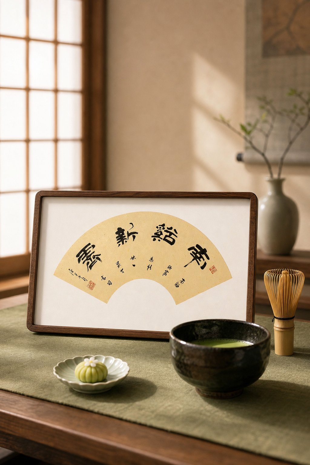 胡桃木框洒金扇面书法小品《南谿新霁》立在抹茶茶席上,旁有茶碗、茶筅与和果子