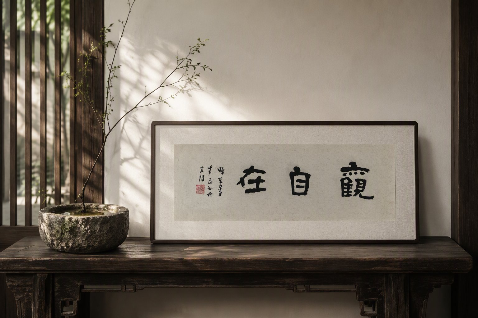 书法横批《观自在》摆在中式木案上,旁有石盆、瘦枝与笔架