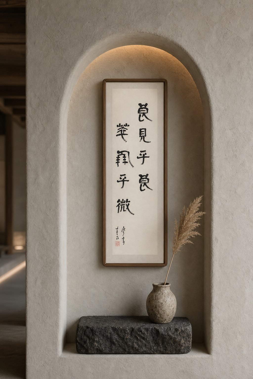 书法立轴《莫见乎隐·莫显乎微》嵌在拱形壁龛里,下方石台上有陶瓶与蒲苇