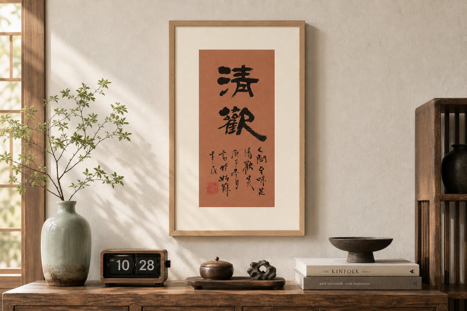 赭底白卡柚木框书法小品《清欢》挂在墙上的空间实景,旁有青瓷瓶、座钟与书册