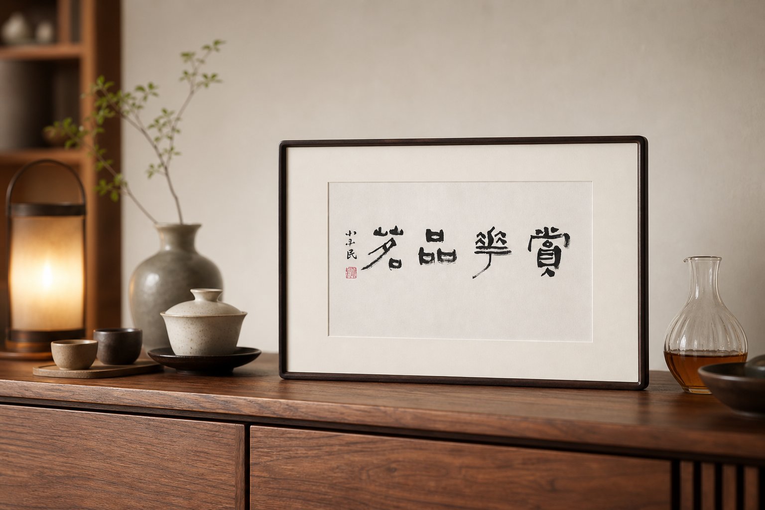 书法横批《赏花品茗》立在木质边柜上,旁有瓶花与盖碗茶席