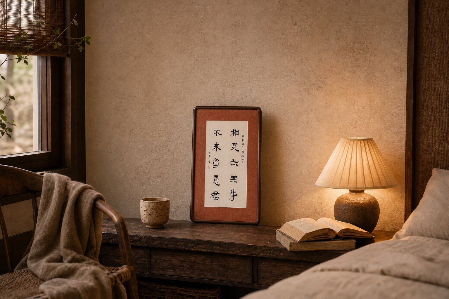 白底红卡黑框书法小品《相见亦无事》立在暖光卧室的木柜上,旁有台灯与书册
