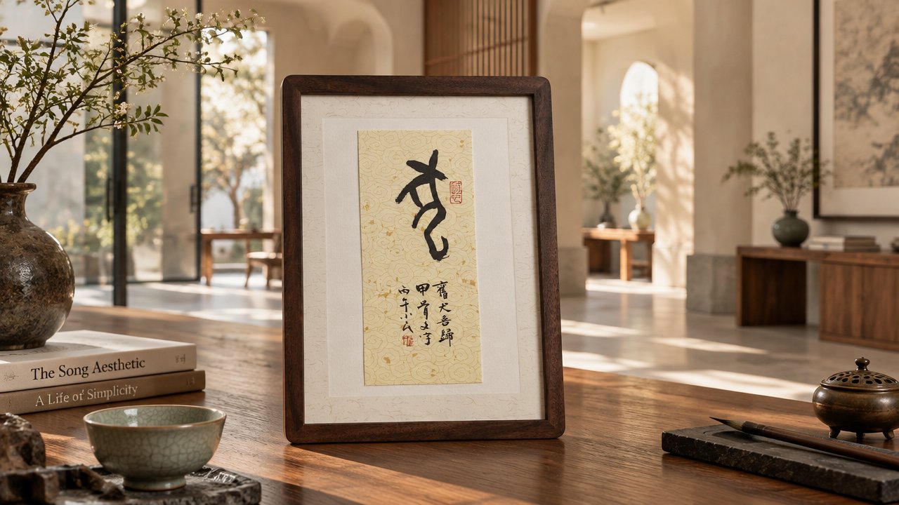 甲骨文「狗」字书法摆件,朱红暗纹笺,黑胡桃木框装裱,陈设于玄关木质边柜,旁有陶瓶花枝与石雕摆件