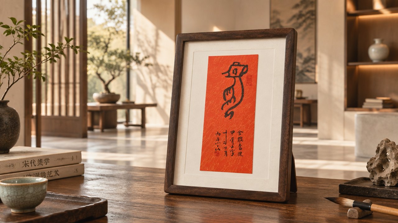 甲骨文「猴」字书法摆件,朱红暗纹笺,黑胡桃木框装裱,陈设于书房书堆旁,旁有太湖石与毛笔