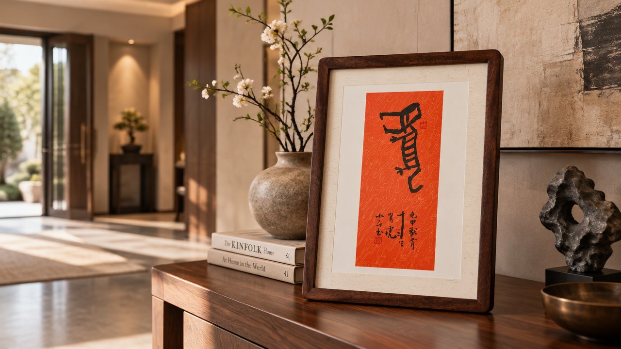 甲骨文「虎」字书法摆件,橘黄洒金笺,黑胡桃木框装裱,陈设于茶室木案,旁有黑陶茶壶与青瓷杯