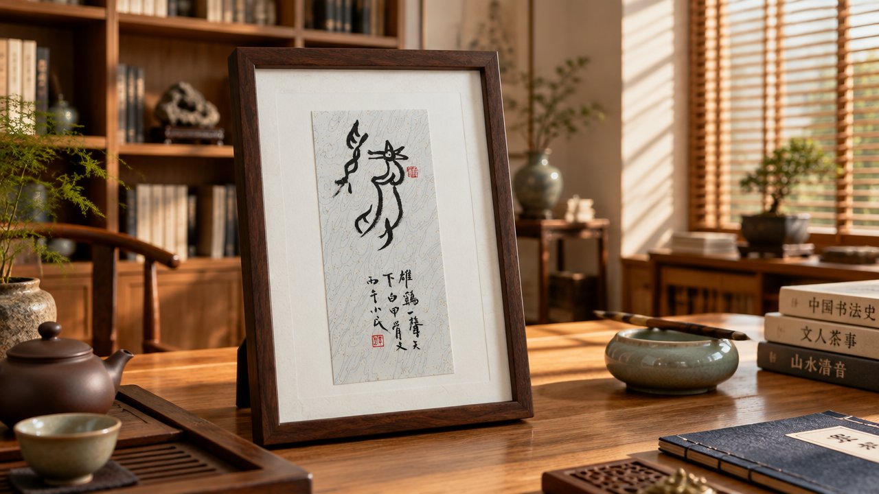 甲骨文「鸡」字书法摆件,素白宣笺,黑胡桃木框装裱,陈设于书房木案,旁有书堆、笔洗与文房清供