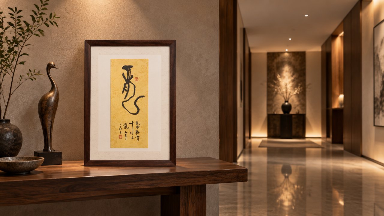 甲骨文「龙」字书法摆件,黄笺墨字,黑胡桃木框装裱,陈设于玄关端景木案,旁有铜鹤摆件与陶瓶
