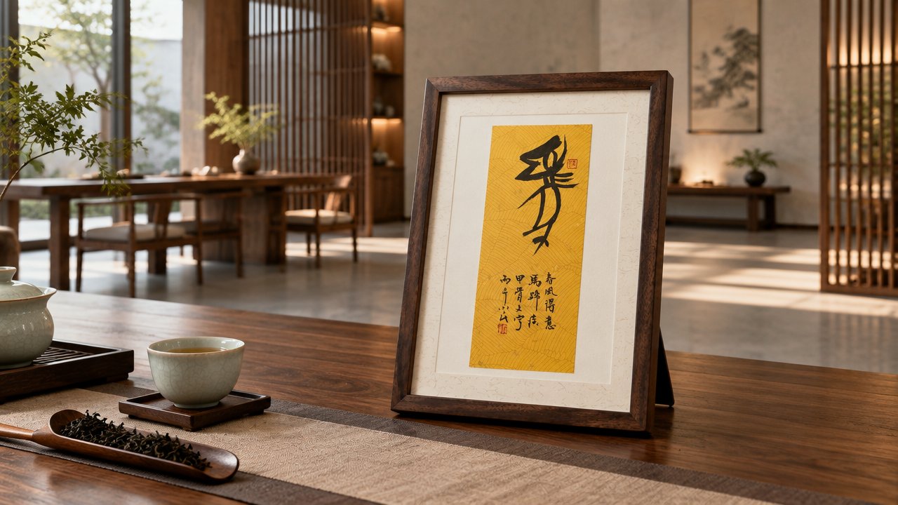 甲骨文「马」字书法摆件,明黄笺墨字,黑胡桃木框装裱,陈设于茶室木案,旁有茶壶与青瓷茶杯