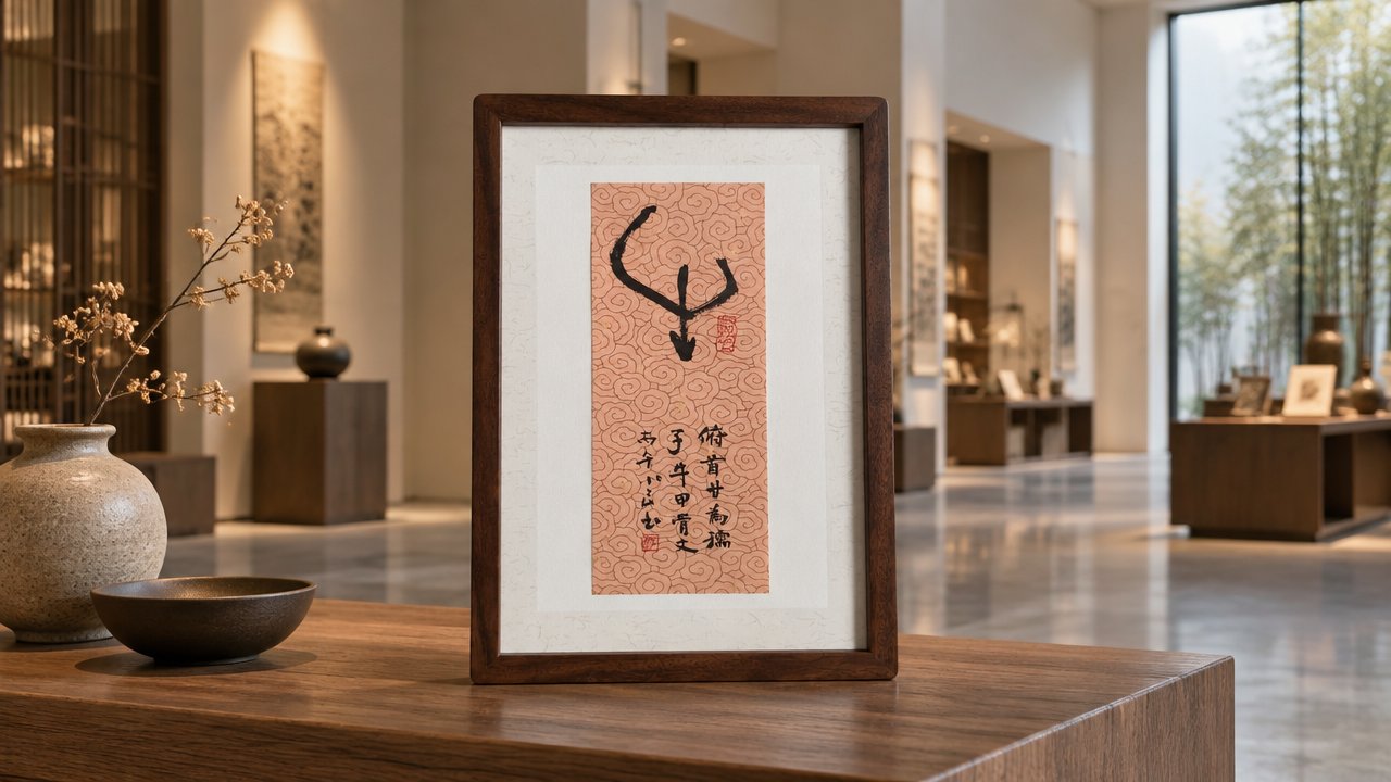 甲骨文「牛」字书法摆件,藕粉云纹笺,黑胡桃木框装裱,陈设于展厅木案,旁有陶瓶花枝与深色陶碗