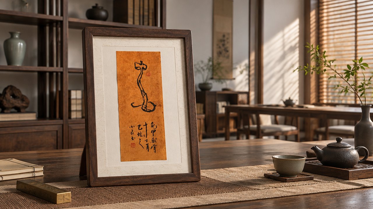 甲骨文「蛇」字书法摆件,朱红暗纹笺,黑胡桃木框装裱,陈设于书房木案,旁有陶壶书册与青瓷杯