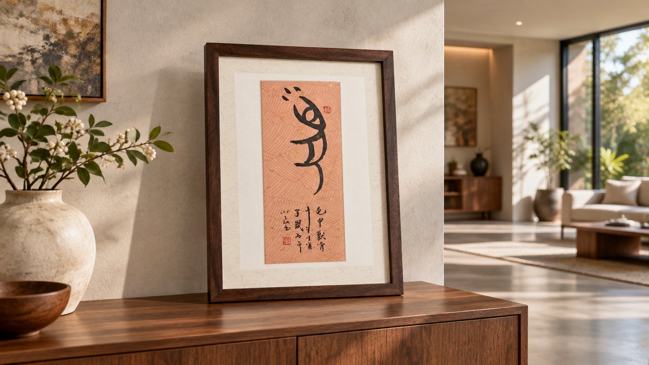 甲骨文「鼠」字书法摆件,珊瑚橘暗纹笺,黑胡桃木框装裱,陈设于客厅木质边柜,旁有陶瓶花枝与碗