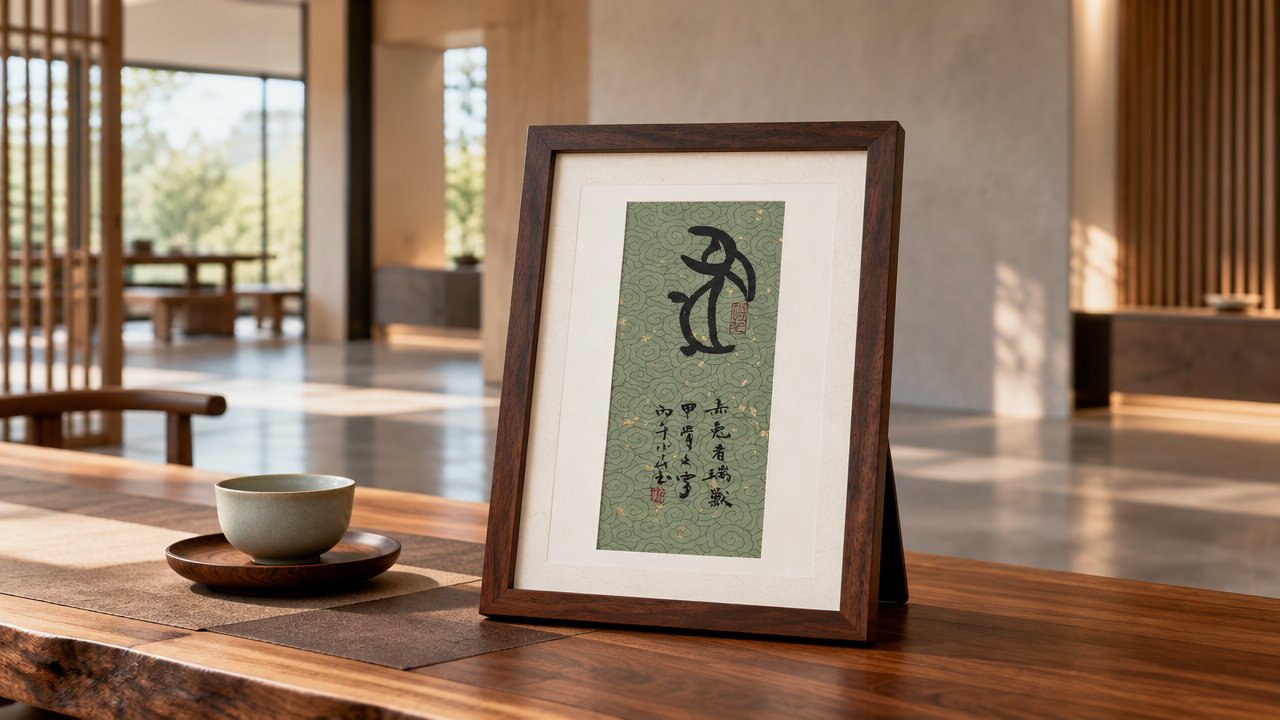 甲骨文「兔」字书法摆件,豆绿暗纹笺,黑胡桃木框装裱,陈设于茶室原木长桌,旁有青瓷茶杯