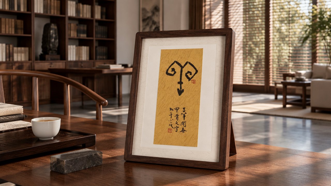 甲骨文「羊」字书法摆件,金黄洒金笺,黑胡桃木框装裱,陈设于书房木案,旁有白瓷茶杯与石镇纸