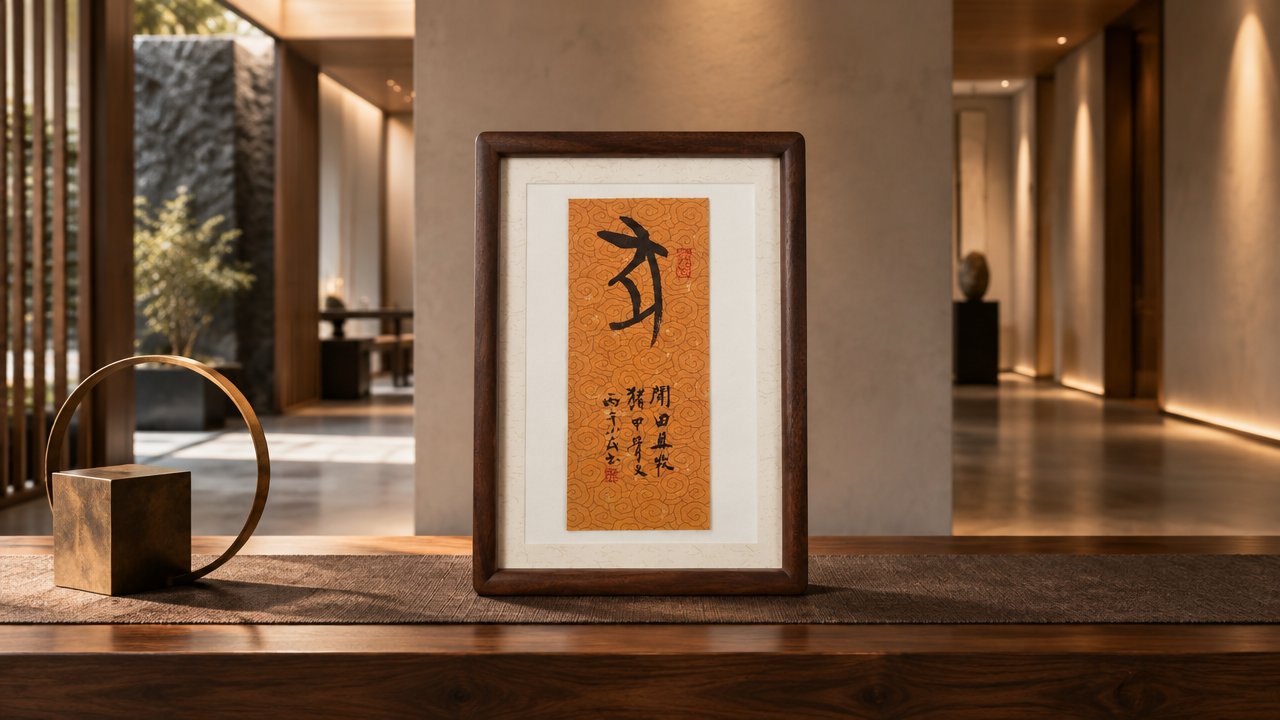甲骨文「猪」字书法摆件,橘黄云纹笺,黑胡桃木框装裱,陈设于玄关木柜,旁有铜环摆件与方形铜盒